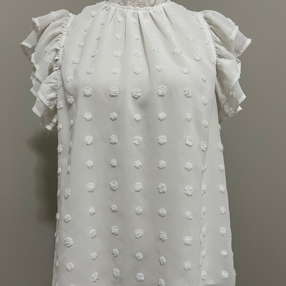 Women's white Swiss Dot Ruffle Sleeve Blouse